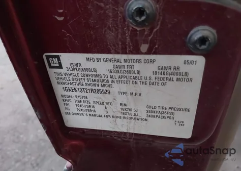 2001 GMC Yukon Slt from USA, damaged, VIN 1GKEK13T21R205929